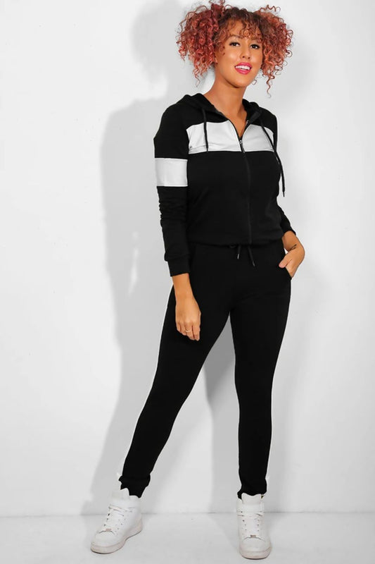 BLACK WITH WHITE FRONT PANEL HOODED LOUNGE SET