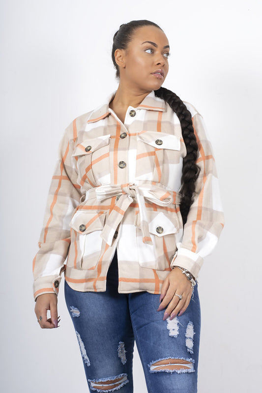 CHECKED BELTED DIPPED HEM SHACKET
