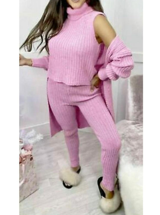 3 PIECE SUIT ROLL NECK CHUNKY KNITTED RIBBED LOUNGE SET