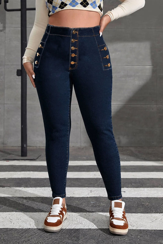 BUY WOMENS PLUS SIZE HIGH WAISTED BUTTON DETAIL JEANS
