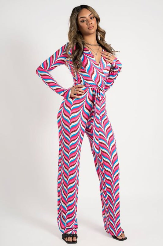 ABSTRACT PRINTED BELT JUMPSUIT
