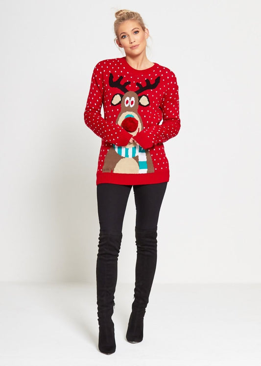 PLUS SIZE RUDOLPH POM POM KNITTED CHRISTMAS JUMPER