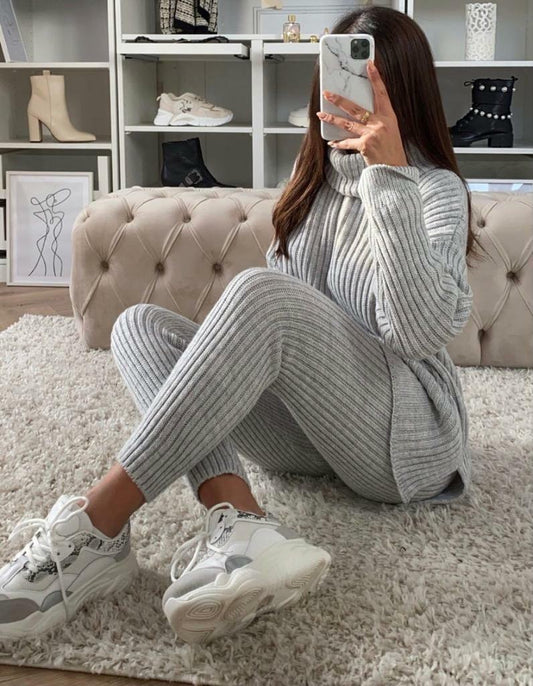 CHUNKY KNITTED RIBBED POLO HIGH NECK TOP & LEGGING SET